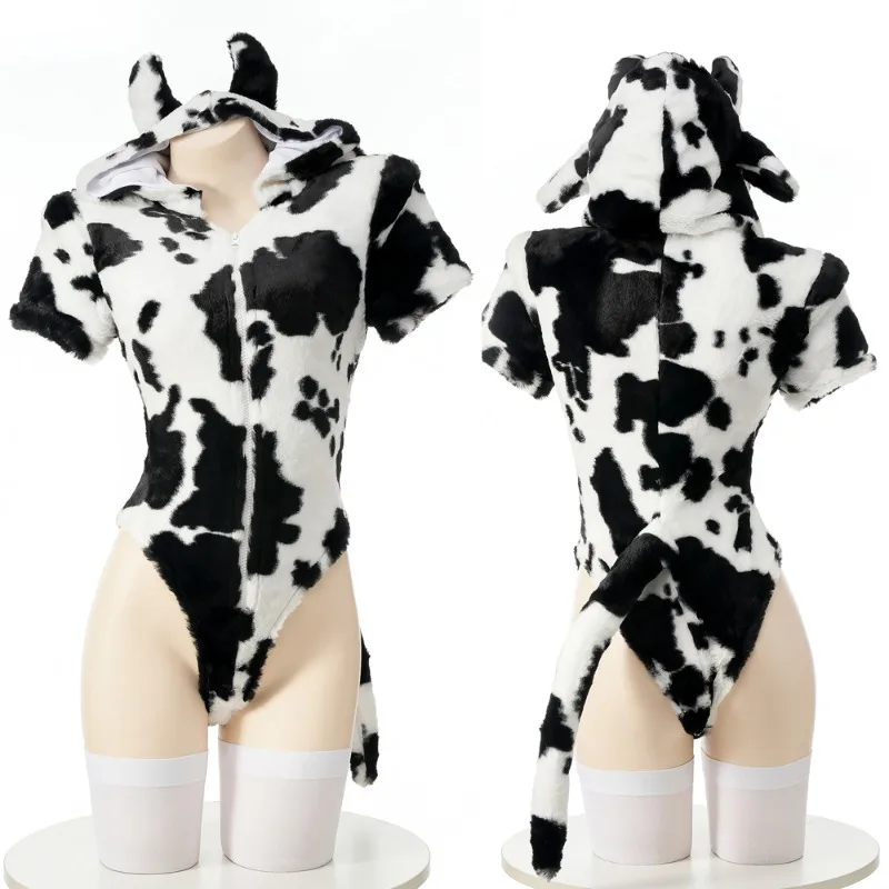 

Anime Cow Sweater Cosplay Sexy Women Plush Cute Hoodie Animal Tail Zipper Black and White Bodysuit Jumpsuit Outfits Costume