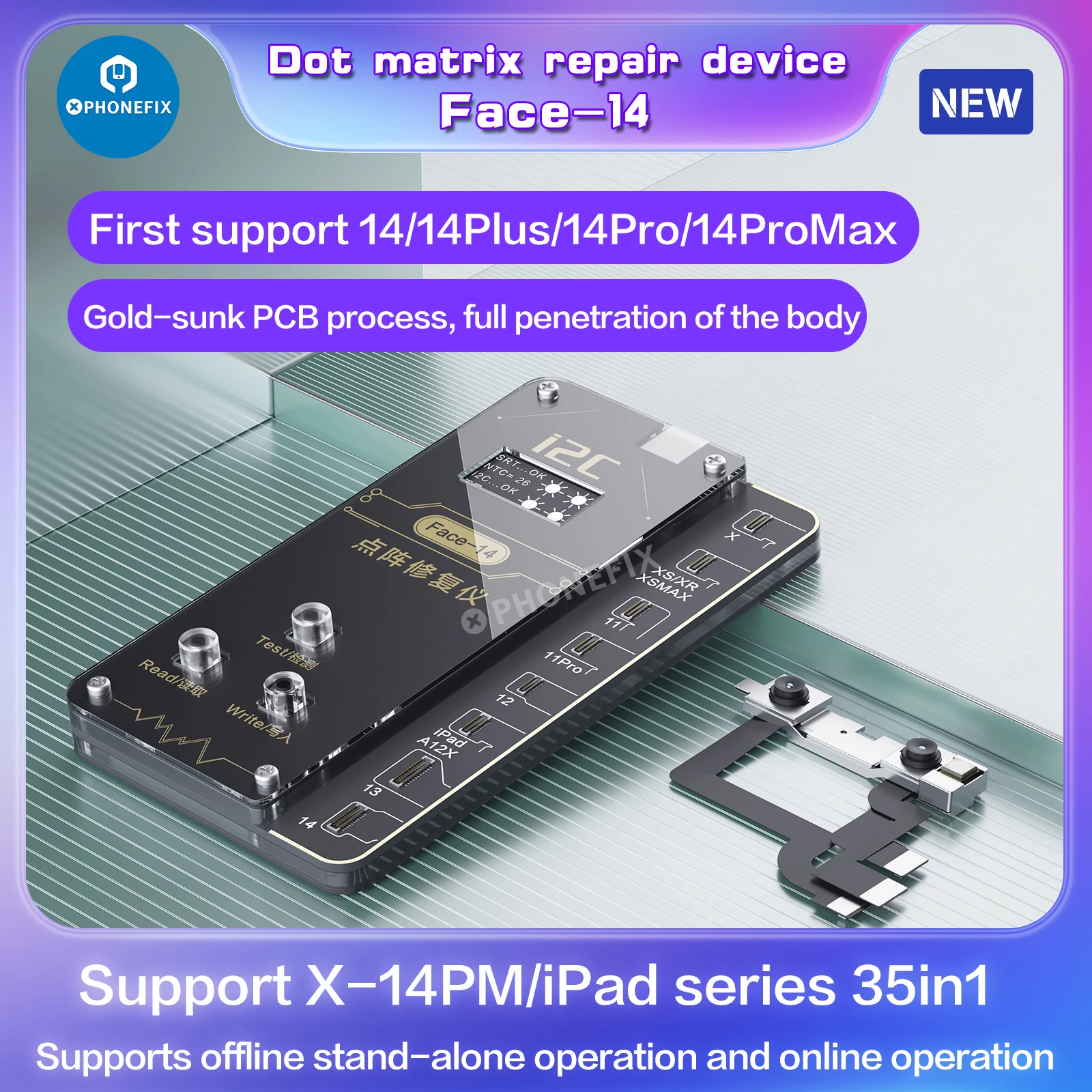 i2C Face-14 Dot Matrix Programmer for iPhone X XR XS MAX 11 12Pro 13 Pro Max 14 Fix Face ID Not Working higher and lower problem