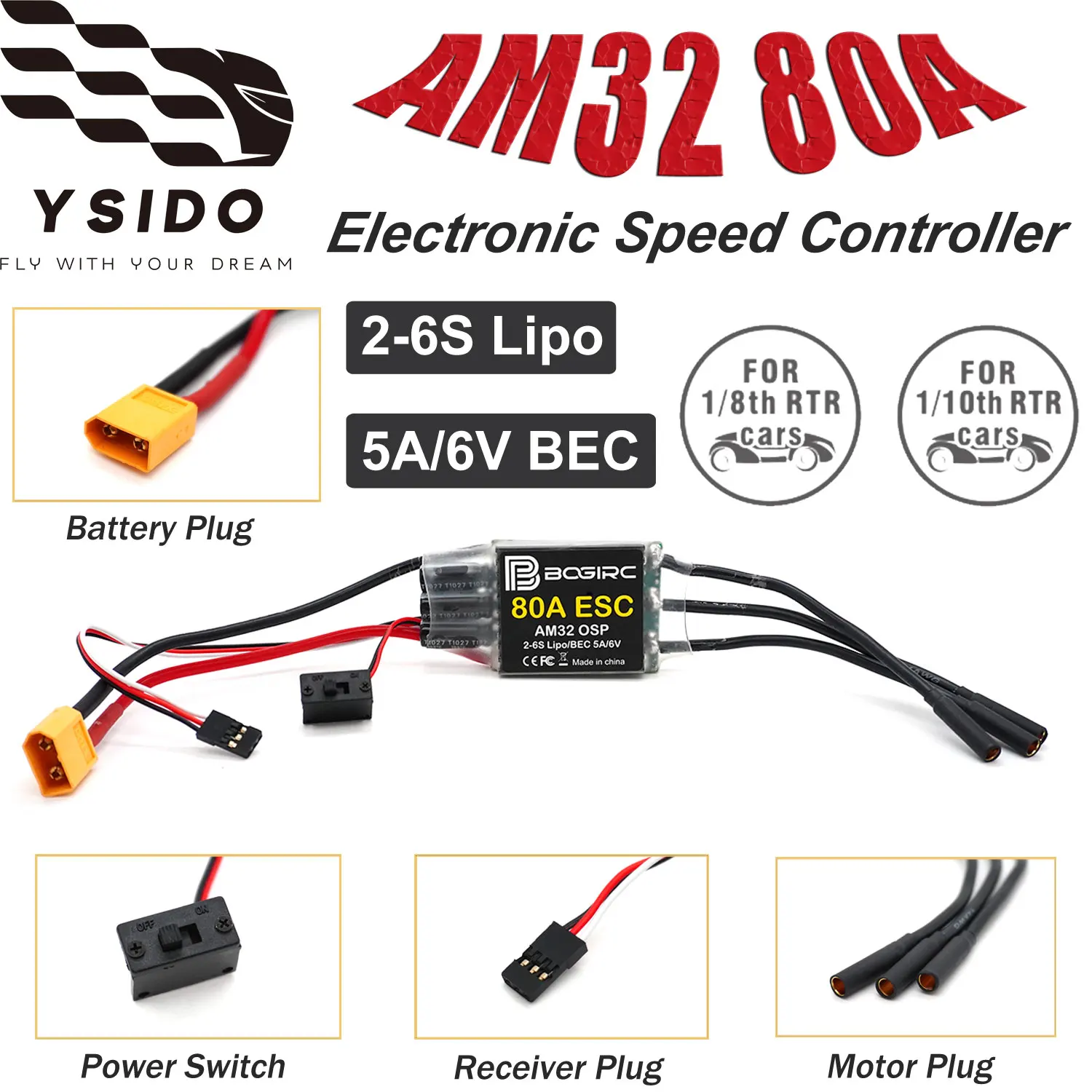 

YSIDO AM32 80A Бесщеточный ESC 2-6S 6V/5A BEC для 1/10 1/8 осевого Traxxas SCX10 TRX4 TRX6 4WD D90 RC Гусеничный автомобиль Обновление деталей
