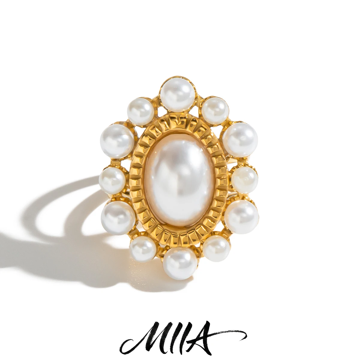 Miia Jewelry 18K Gold Vintage Sunflower Imitation Pearl Open Ring Stainless Steel Cluster Adjustable Ring For Women