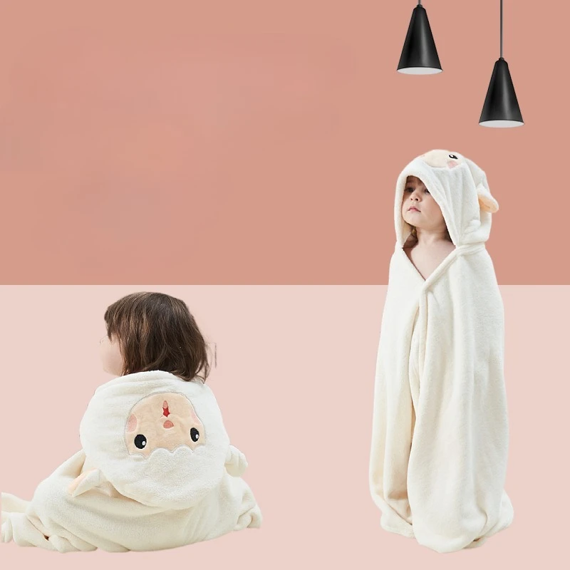 Fleece Hooded Poncho Towel for Kids 70*140cm Cute Cartoon Swim-Ready Bath Robe Cape for Baby Super Absorbent Baby Bath Wrap
