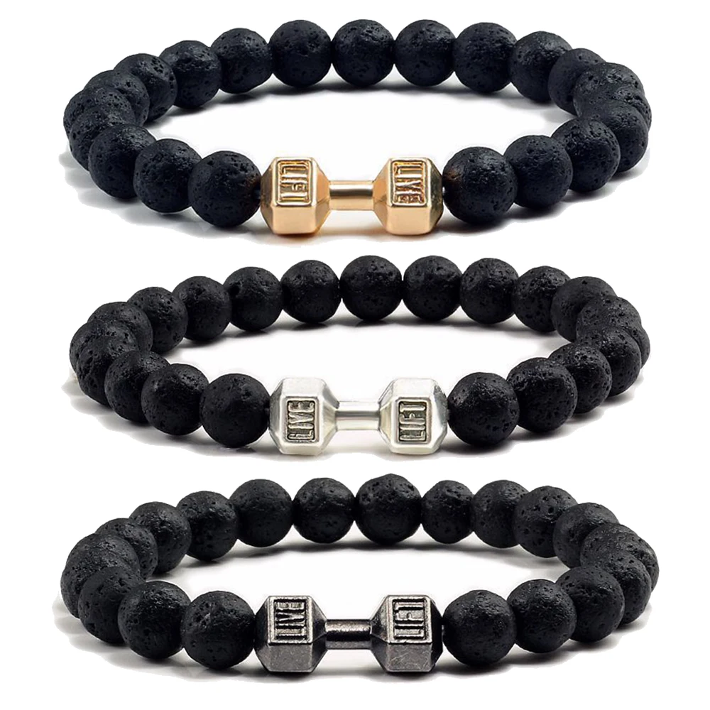 

Natural Volcanic Stone Bracelet Men Matte Black Lave White Beads Charm Dumbbell Strand Bracelets Women Barbell Fitness Jewelry