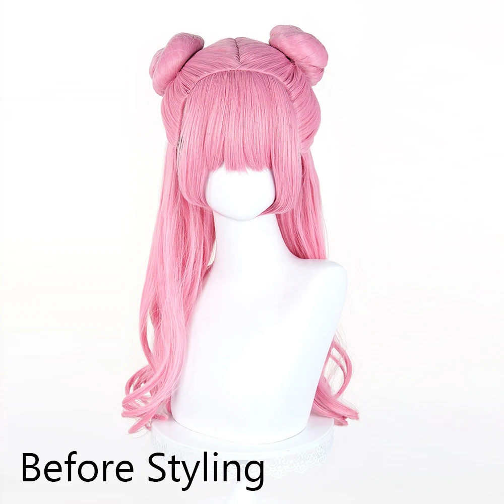 Pink Long Wavy Synthetic Wigs with Bun Anime Game Cosplay Fluffy Wig with Bangs for Daily Party - view 3