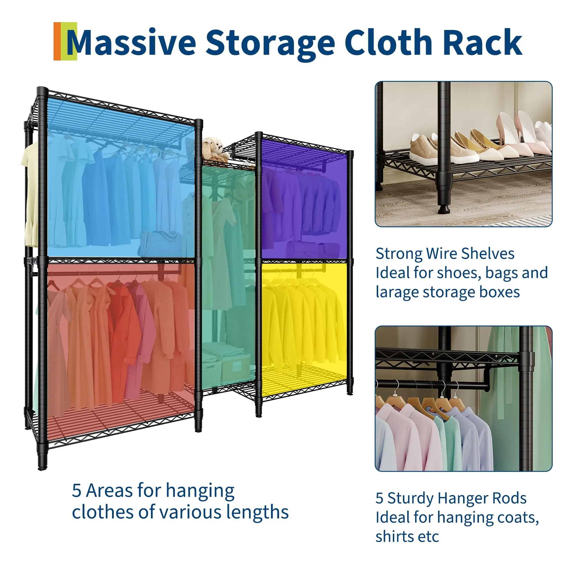 Perchero para ropa, perchero independiente para colgar prendas, armario ajustable con 4 barras resistentes y 7 estantes para guardar ropa, percheros portátiles y de fácil montaje, 76,5" de alto x 67,6" de largo x 15,5" de ancho.