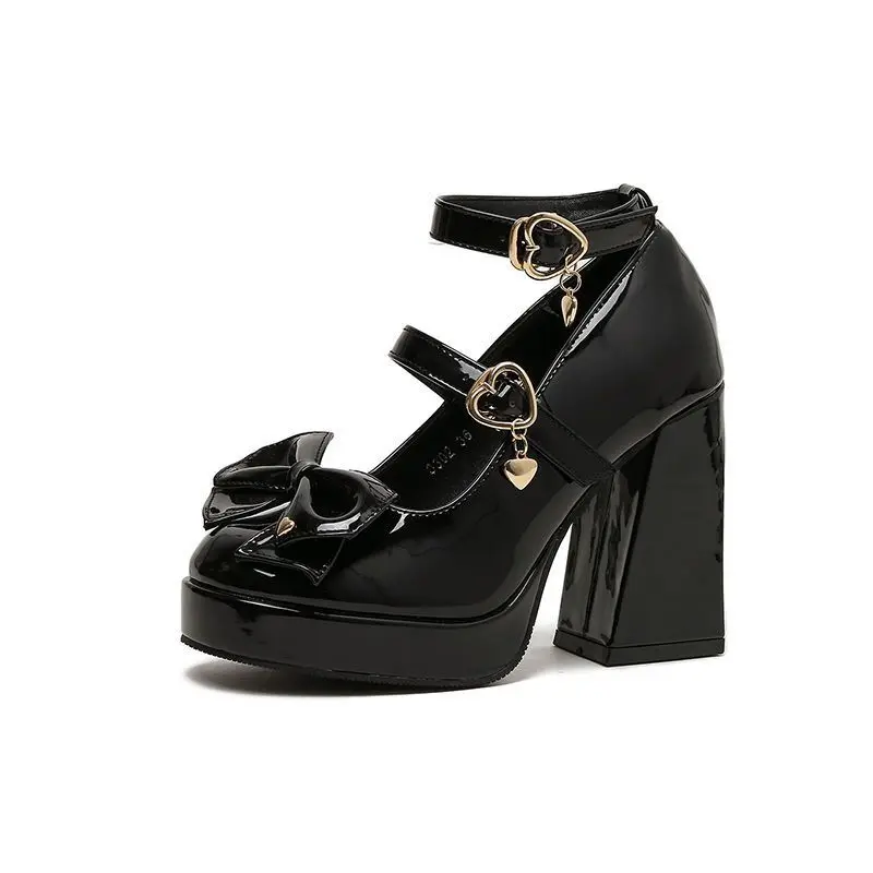 Women Pumps Mary Jane Lolita Shoes Gothic Chunky High Heel Platform Shoes Female Tied Cosplay Harajuku Black Shoes Bows Heart