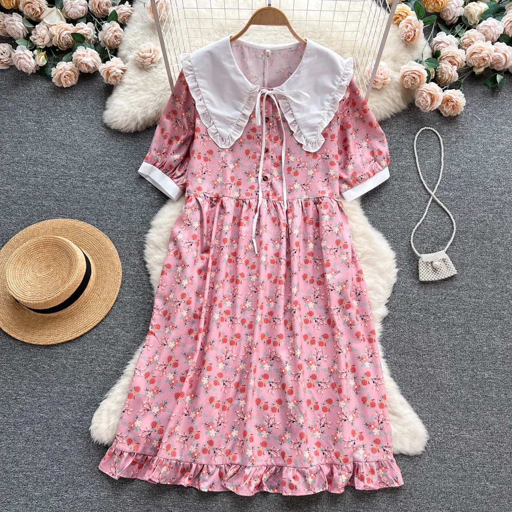 2023 Summer Peter Pan Collar Neck Lace Up Bubble Sleeve Short Sleeve Dress Girl Chiffon Fragmented Flower First Dress Trend