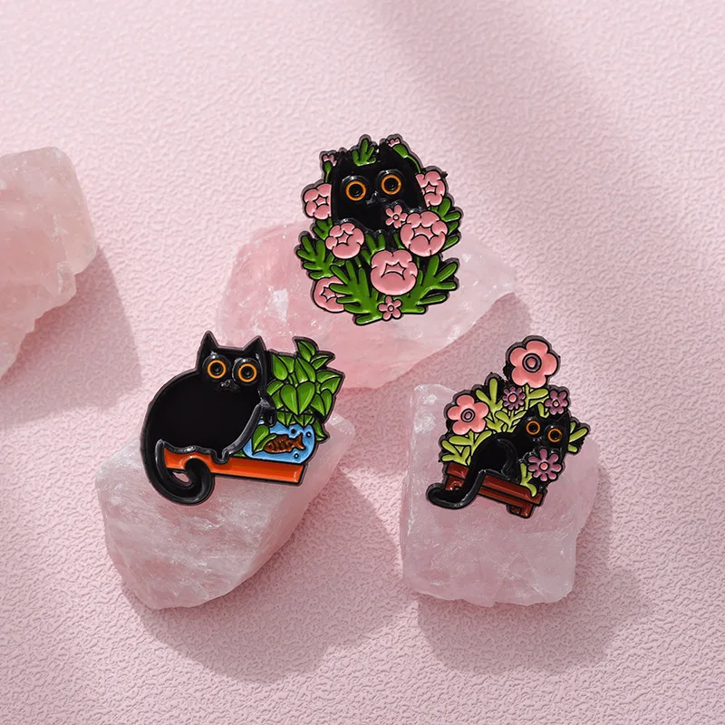 Cats in Plants Enamel Pins Custom Black Cat Potted Plant Brooches Lapel Badges Fun Animal Plant Jewelry Gift for Kids Friends