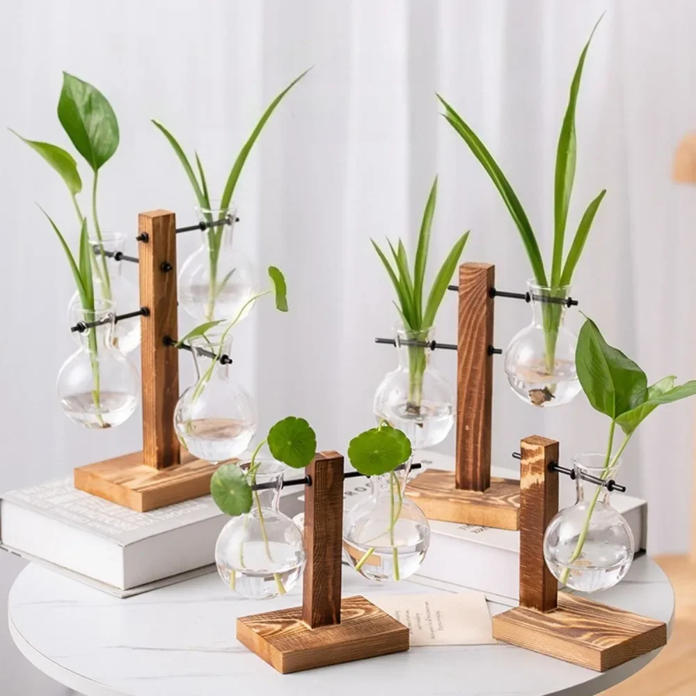 Plant Propagation Station Transparent Bulb Glass Vase with Wooden Stand Hydroponic Container Living Room Office Home Decor