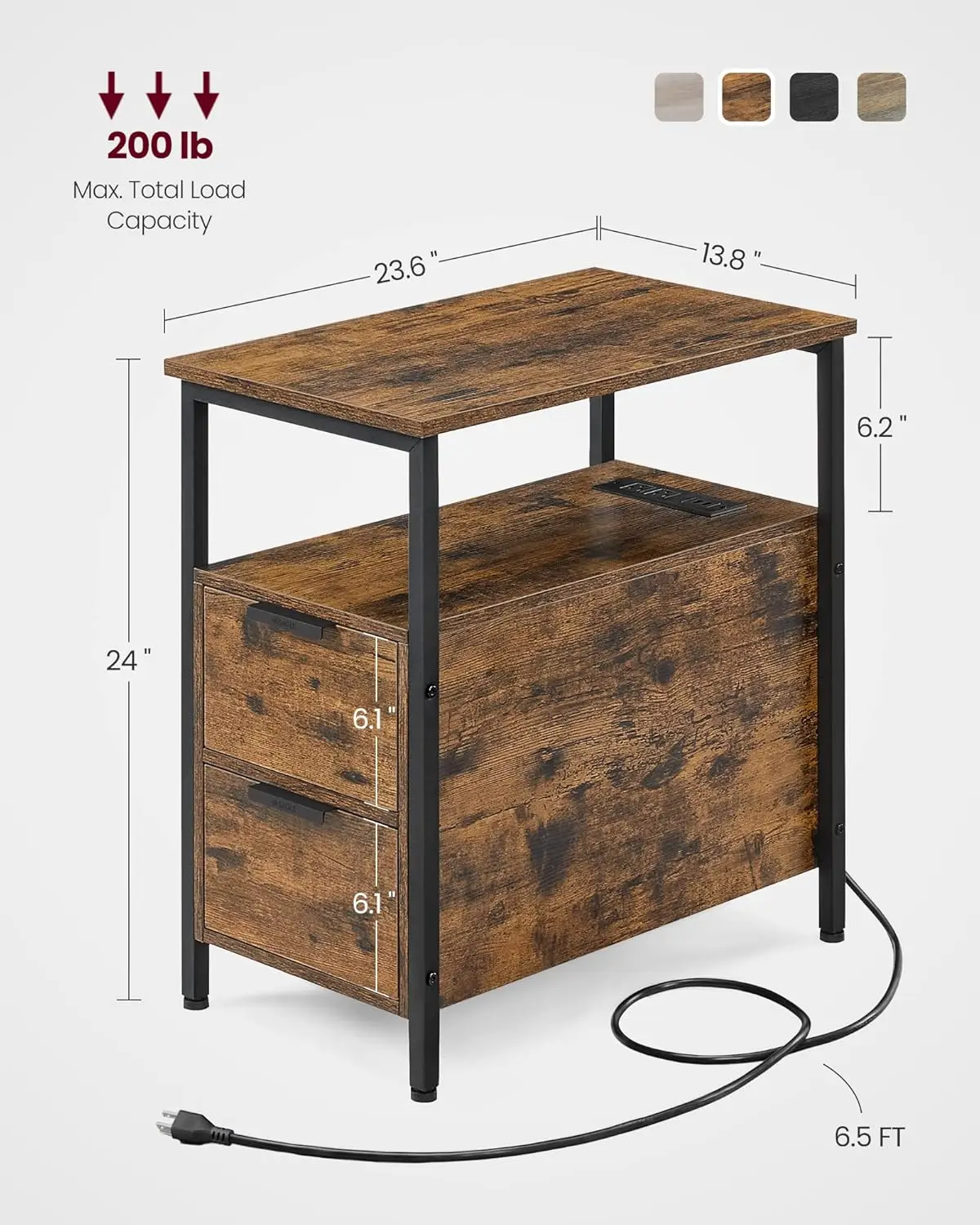 Side Table with Charging Station, Narrow End Table with 2 Drawers, Slim Nightstand and Bedside Table with Storage