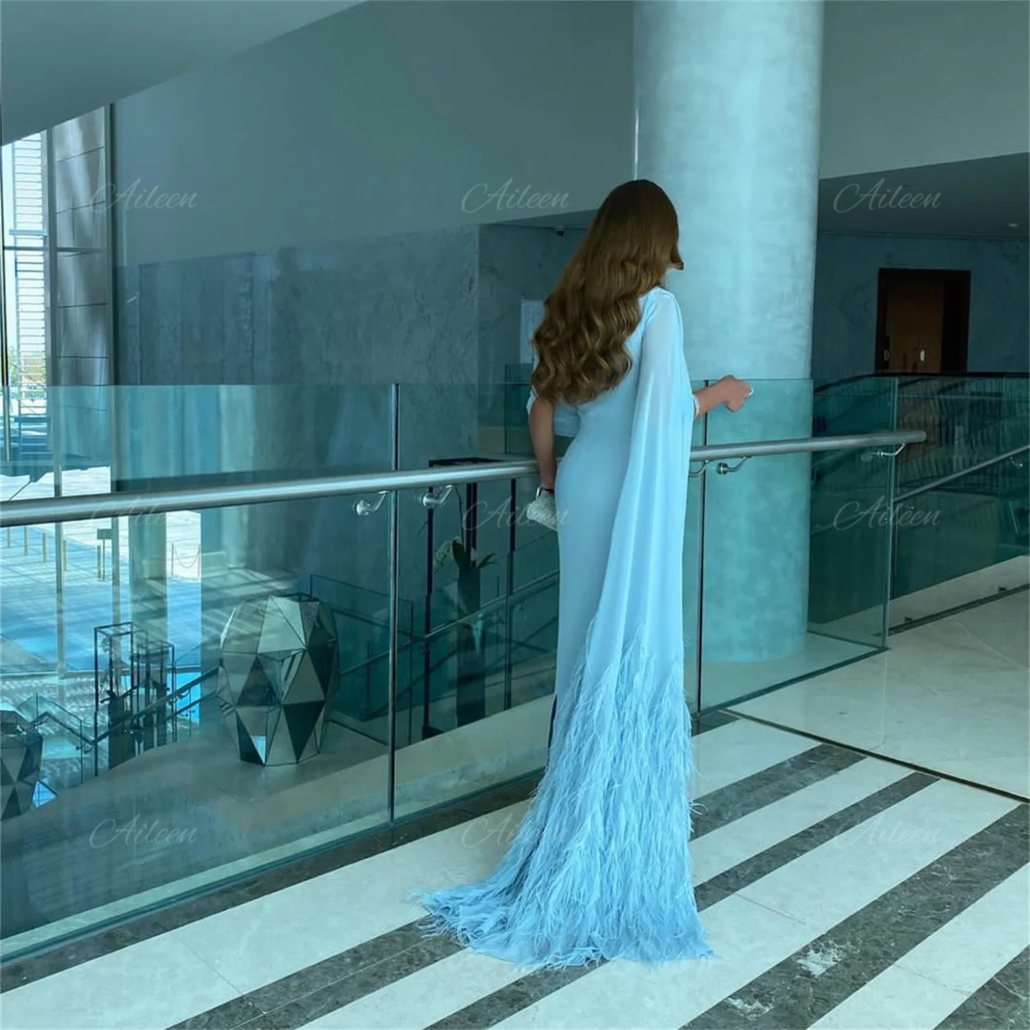 Prom Dress for Women Sky Blue Chiffon Dresses for Women Party Wedding Evening Gown Feather Tail Mermaid Robe Formal customized