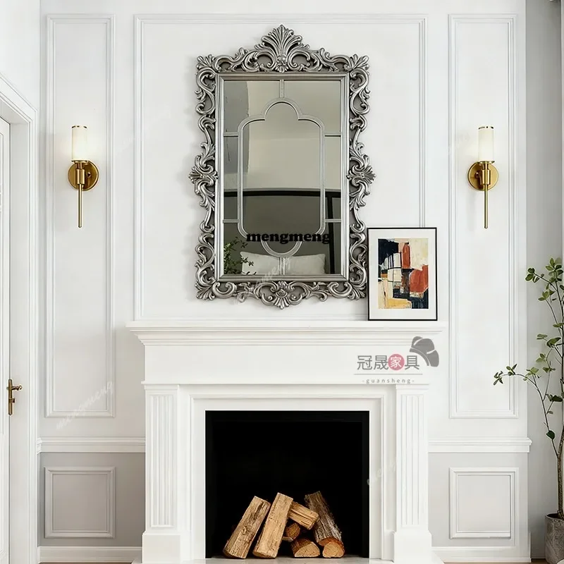 Europese retro haarddecoratie gesneden make-upspiegel Franse villa entree achtergrond muur wand wandhangende vierkante spiegel