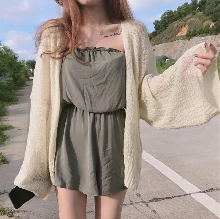 Korean Version Loose and Retro Thin Summer Slimming Sunscreen Short Long Sleeved Knitted Cardigan Air-conditioned Shirt Y321