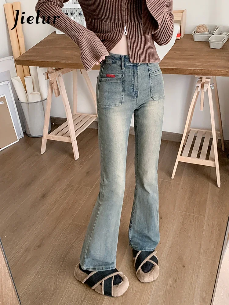 Jielur Autumn New High Waist Slim Women Jeans Do Old Simple Basic Flare Jeans Woman Vintage Blue Fashion Street Pants Female
