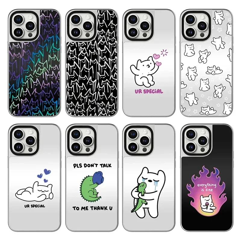 

Cartoon Cat Dinosuar Silver Border Mirror Surface MagSafe Pattern iPhone 11 12 13 14 15 Pro Max Protective Case with MagSafe