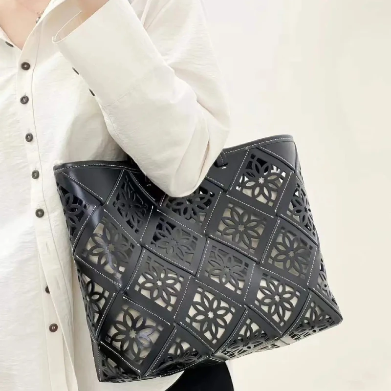 

Hollow Carved Flower Shoulder Bag with Innner Pocket,Large Capacity PU Women Tote Bag,Luxury Exquisite Chic Solid Color Handbag