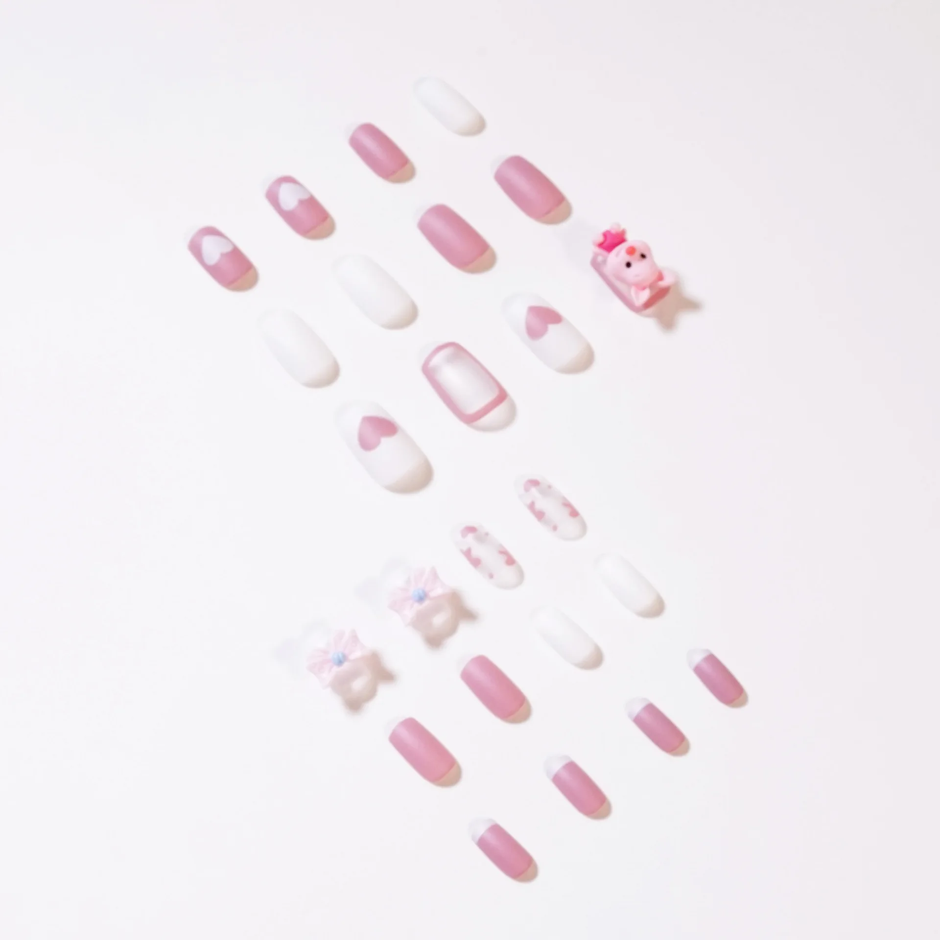 24Pcs Square Long Style False Nail Cartoon Cute Pig Bow Wearable Manicure Press ON Nails Solid