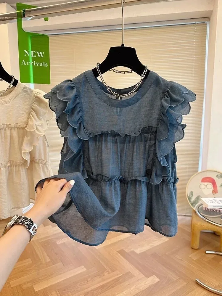 Korean Version V-neck Ruffled Short Sleeved Chiffon Shirt Women Design Sense Niche Sweet Western-style Chic Trendy Small Shirts