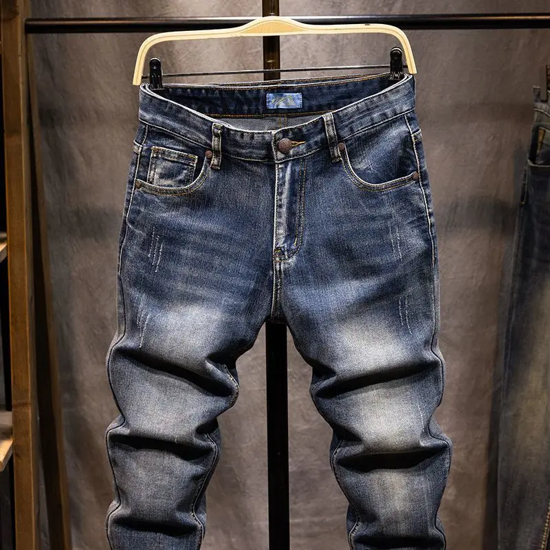 Roupas de marca retro 2025 outono novos jeans masculinos fino-ajuste em linha reta lavado versátil roupas masculinas calças elásticas de tamanho grande