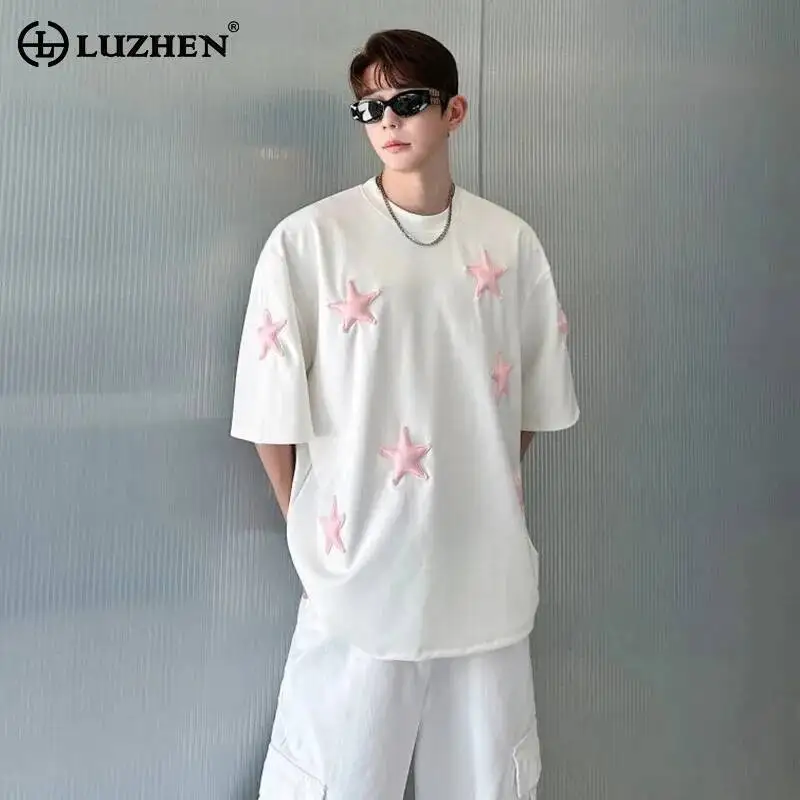 LUZHEN Men's 2026 Summer Three-dimensional Pentagram Fashion Patchwork Short-sleeve T-shirts Handsome Casual Male Tops JY8068