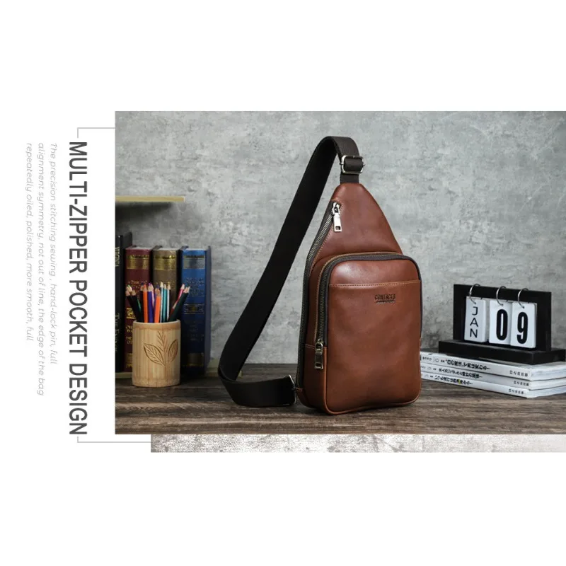 Leather Fashion Casual Men's Crossbody Bag Mini Backpack Mobile Phone Pocket Multifunctional Leather Men's Breast Bag