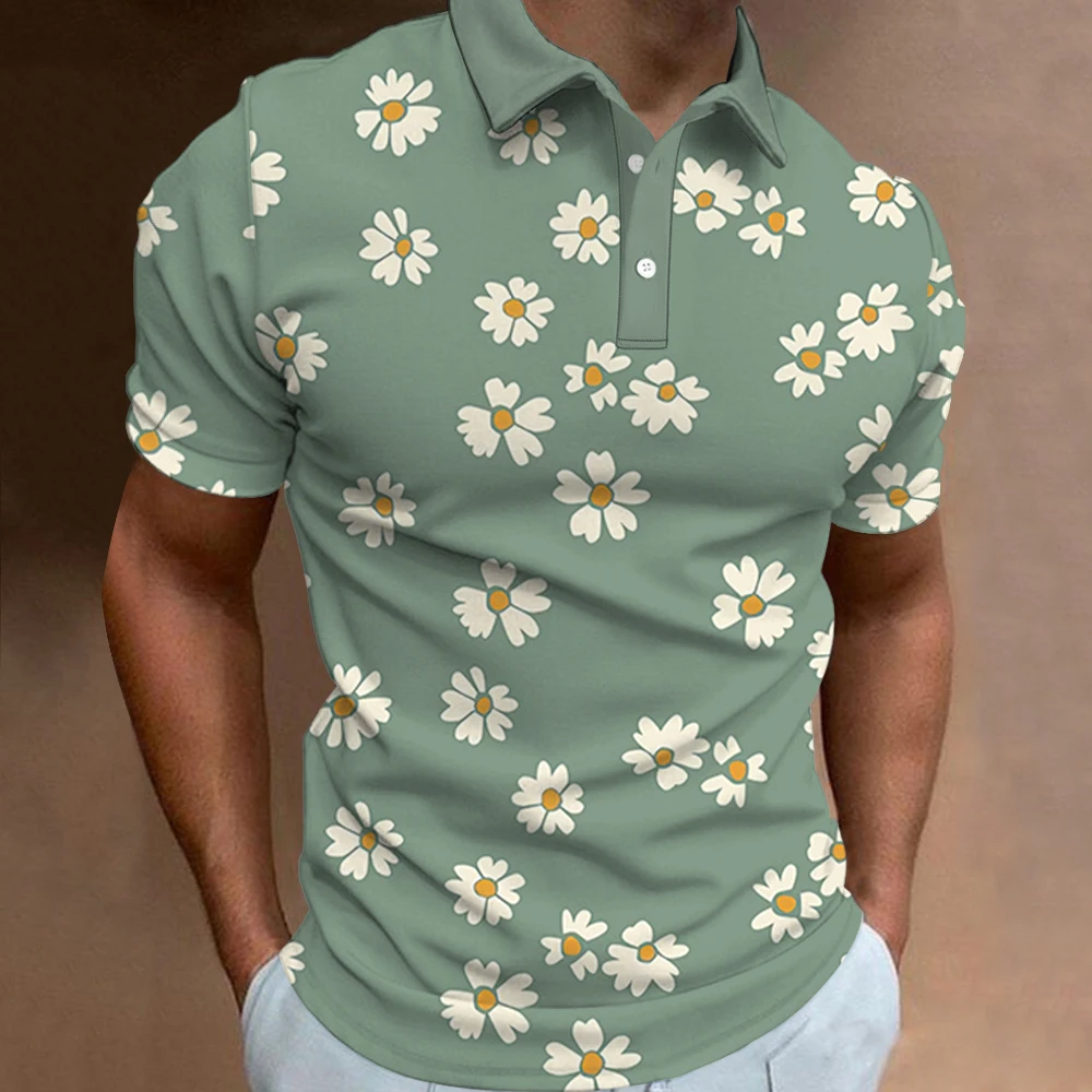 Men\'s Polo Shirt Summer Street Casual Short Sleeve Flower Print Buttons Tops Fashion Pullover Oversized Clothing Male Golf Wear