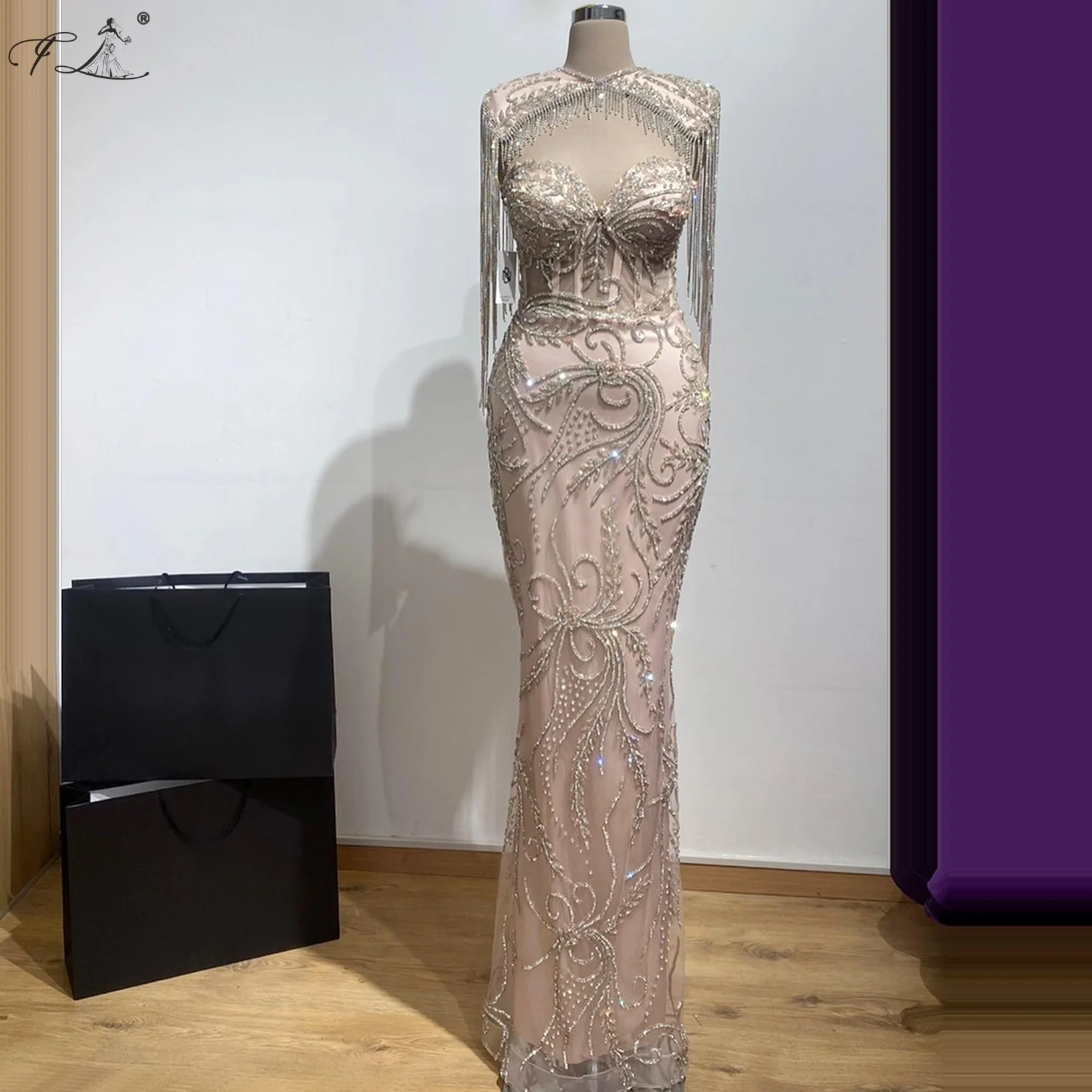 Elegant Crystal Tassel Shawl Evening Gown Beaded Leaf Embroidery Pink Mermaid Dress Special Occasion Fitted Dress Customizable