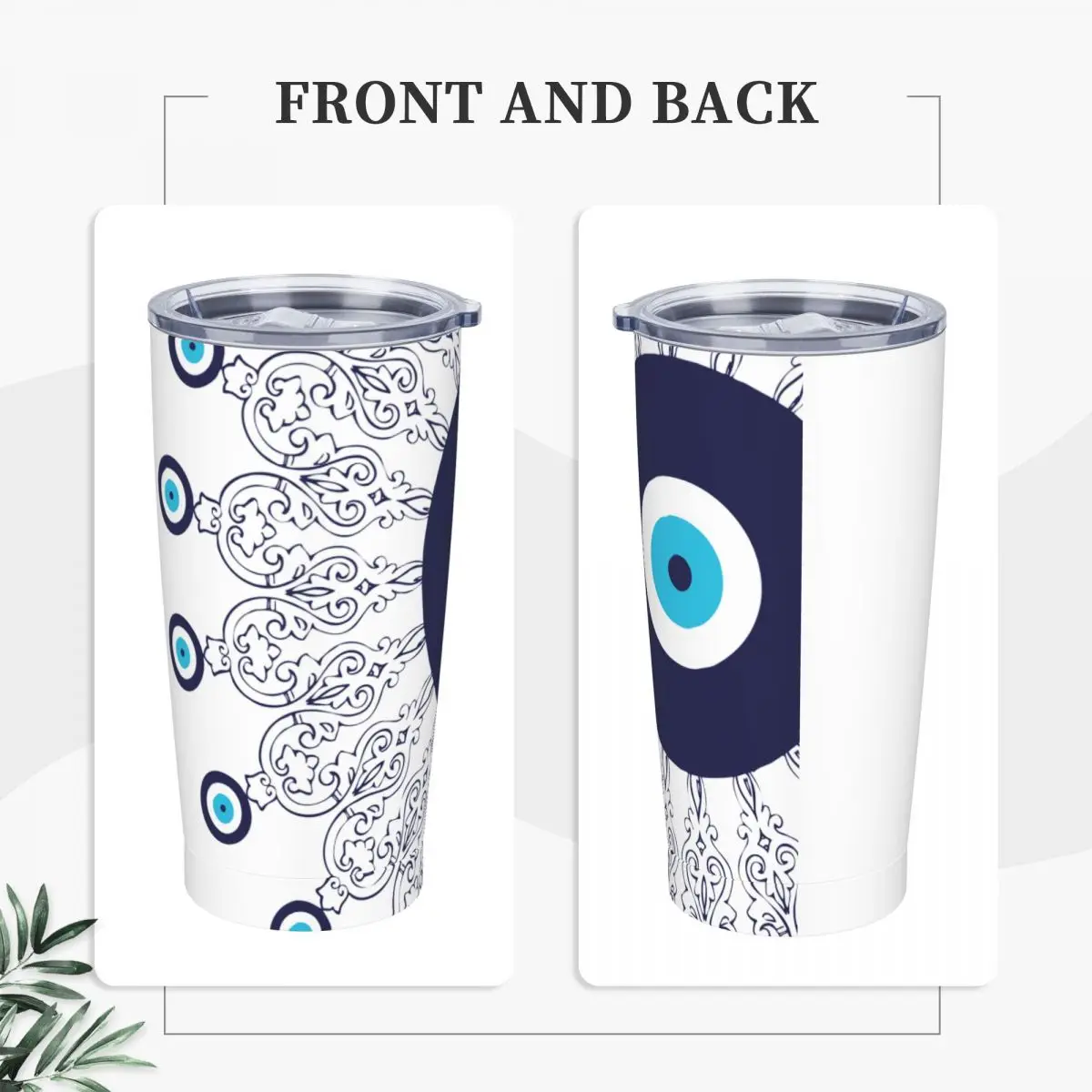 Navy Blue Evil Eye Mandala Tumbler Vacuum Insulated Charms Greek Amulet Thermal Cup with Lid Straw Office Mug Water Bottle, 20oz