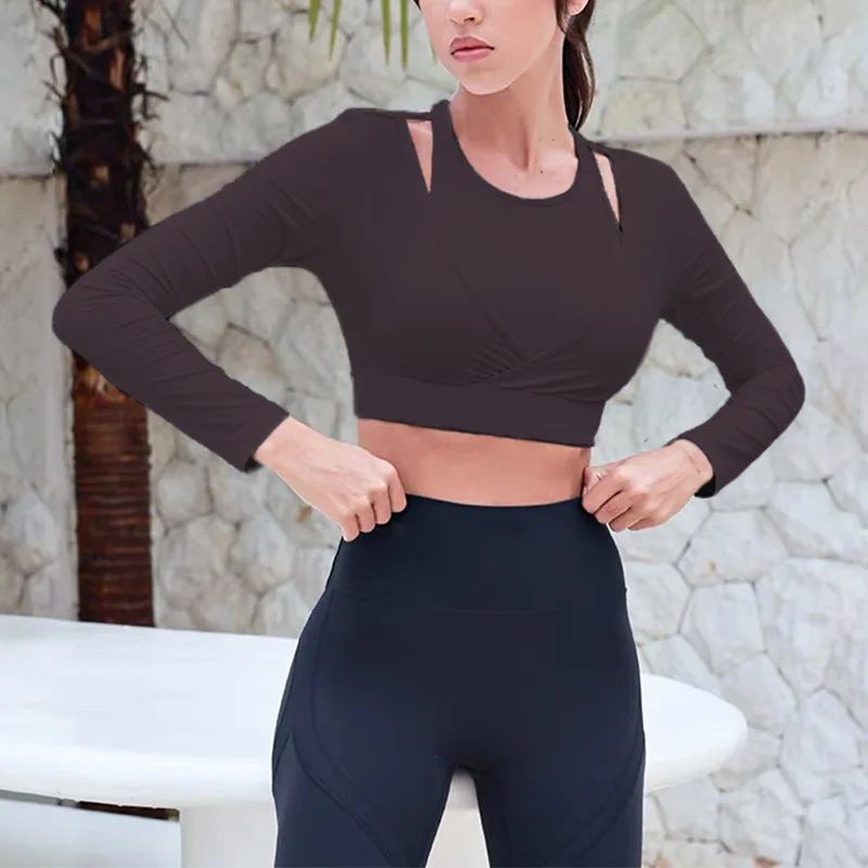 Women Fake Two Pieces Nude Feel Long Sleeve Slim Tops Outdoor Sports Running Workout Crop Tops Breathable Comfortable Tops