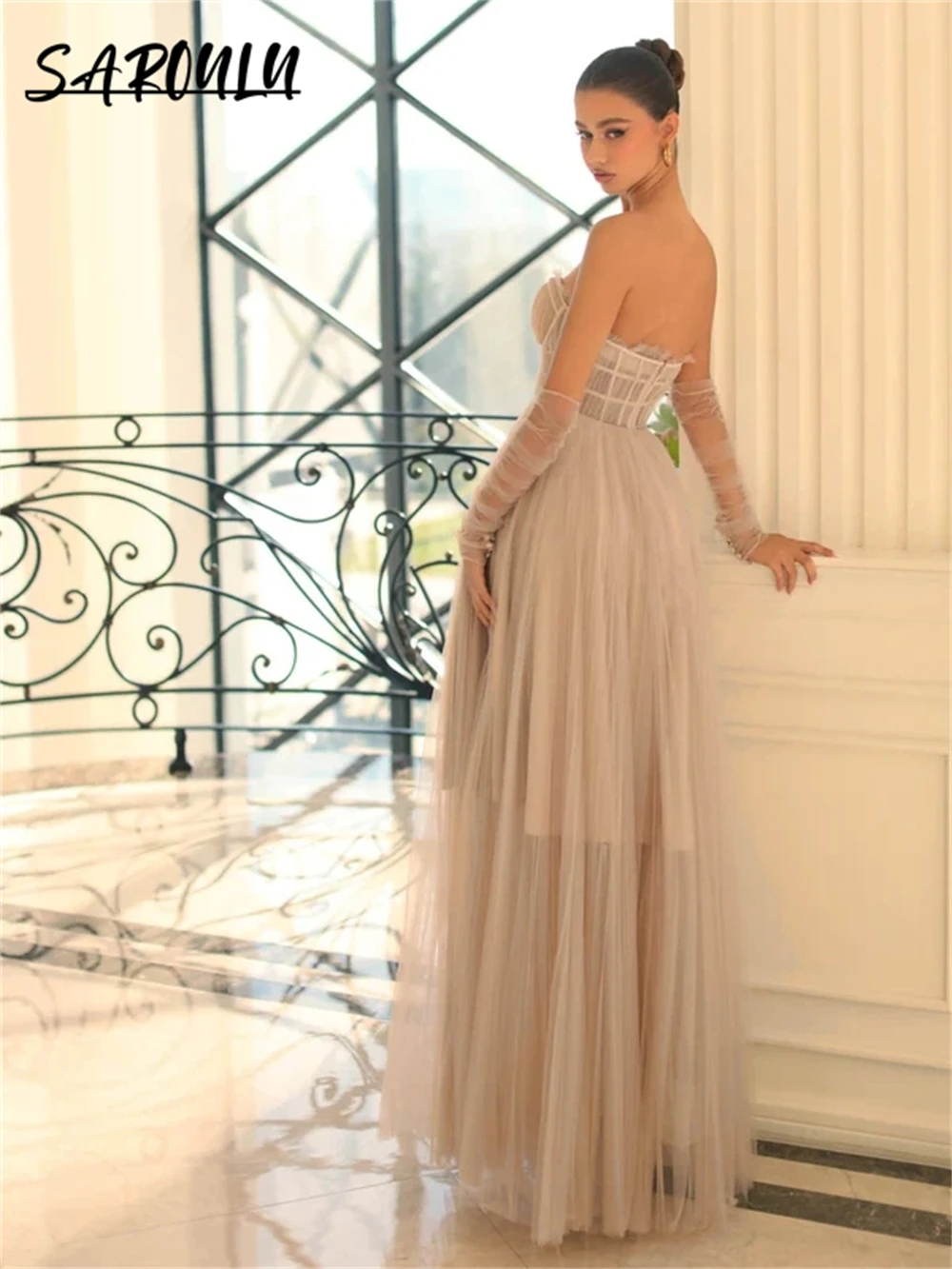 Sexy Strapless Tulle Evening Dress A Line Formal Occasion Dresses For Women 2024 Khaki Modern Simple Prom Gown Custom Made