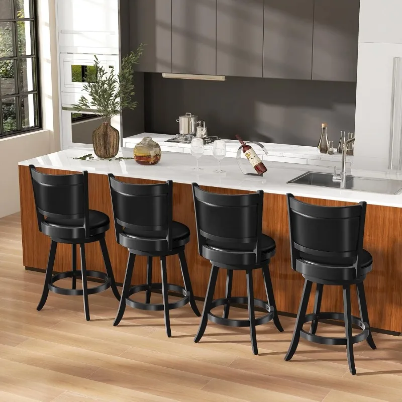 مجموعة مقاعد بار مكونة من 4 قطع، دوارة 360 درجة، مقعد دوار خشبي مقاس 24 بوصة، مقعد بارتفاع، منجد من الجلد