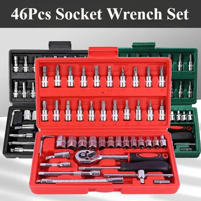 

46Pcs 1/4" Drive Metric Flexible Head Ratcheting Wrench Combination Spanner Mechanic Tool Set Car Repair Tool Kit W