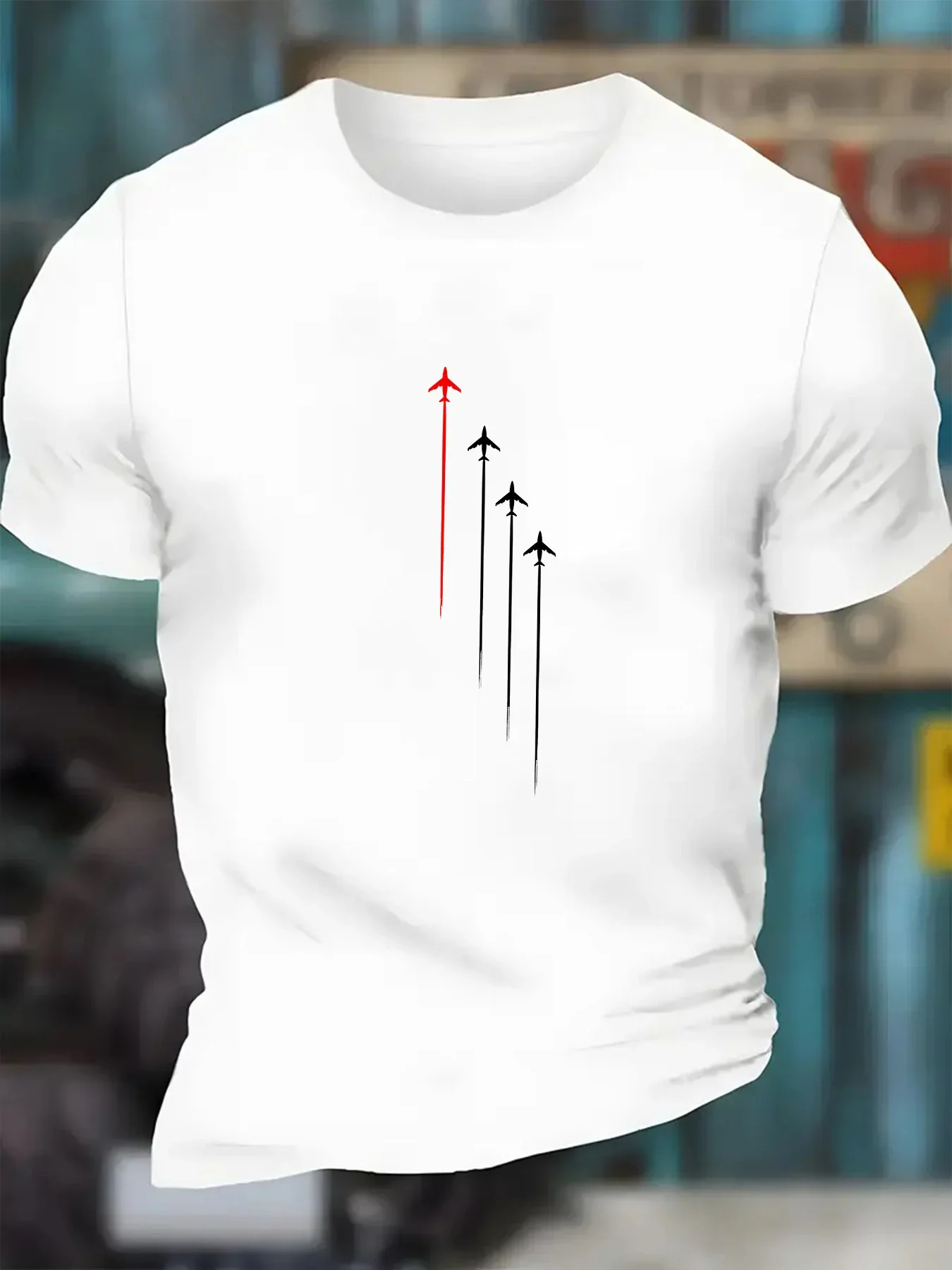 تي شيرت رجالي صيفي 100 قطن كاجوال فضفاض مقاس كبير بنمط طائرة هندسية مطبوع برقبة دائرية وأكمام قصيرة