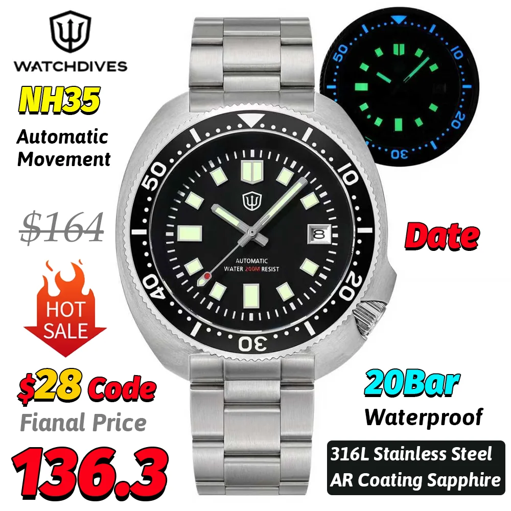 Watchdives WD6105 Orologio subacqueo automatico tartaruga NH35 Data Orologi meccanici Rivestimento AR Zaffiro 20Bar Orologi impermeabili per uomo
