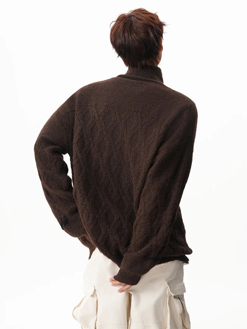 الخريف الشتاء خمر الماس نمط تصميم بدوره إلى أسفل طوق رمادي فاتح سترة الرجال فضفاضة سميكة عادية سترة مشغولة من الصوف #3