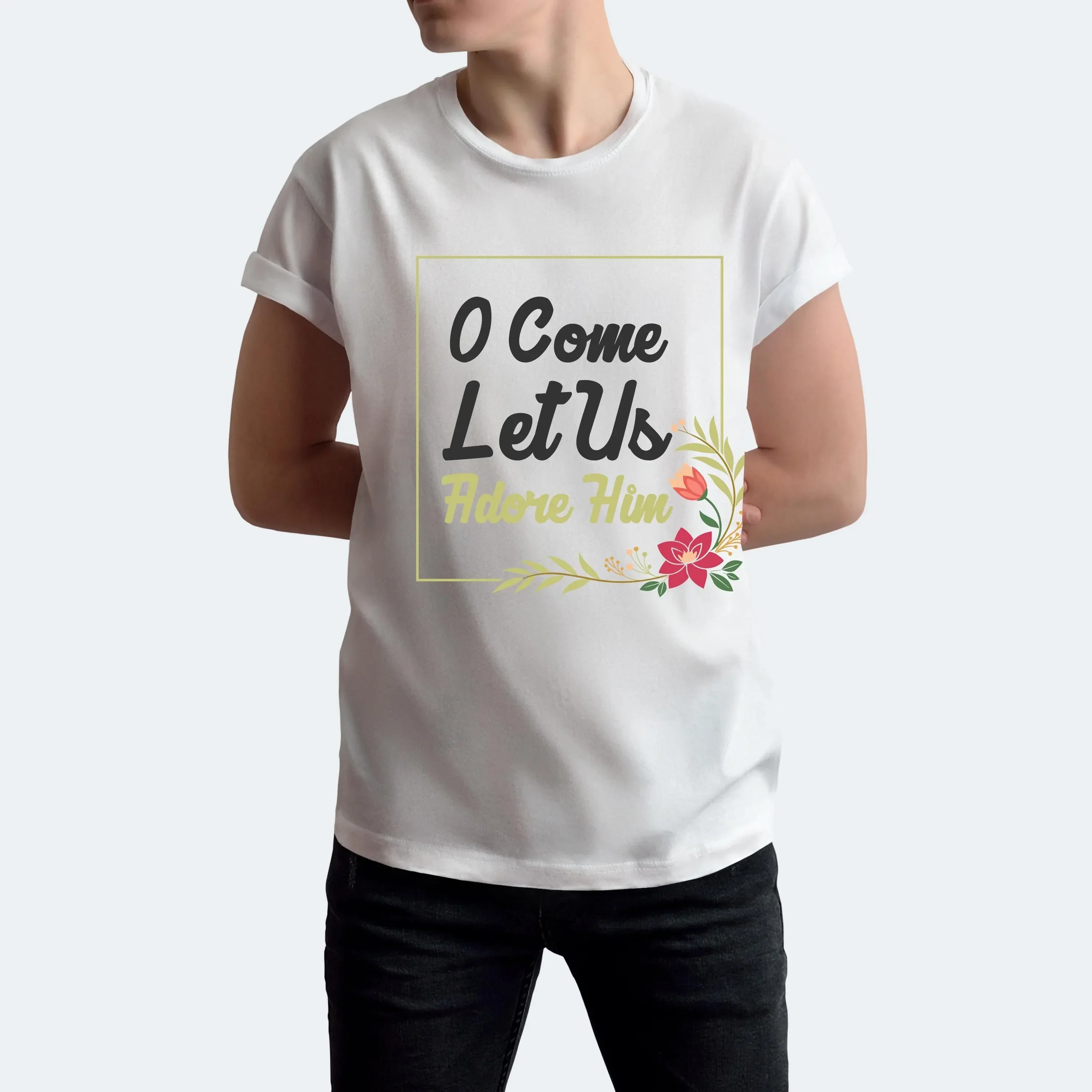 O Come Let Us Adore Him White T Shirt Christian Christmas Inspirational Faith Celebrate Jesus