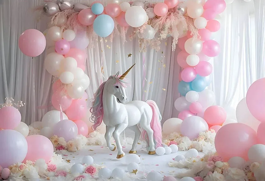 Mehofond Photography Background Unicorn Rainbow Balloon Pink Curtain Child Birthday Party Portrait Decor Backdrop Photo Studio