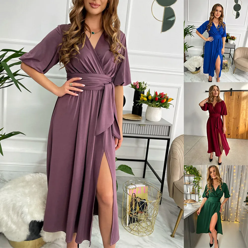 

AOSKM2023 New 3377Spring And Summer, Solid Color Ribbon Waist Lantern Sleeve Slit Long Style, Fashionable Casual Dress For Women