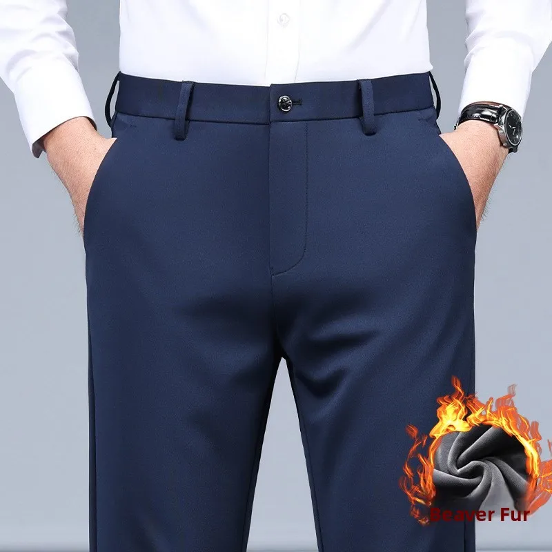 

Autumn Winter Thick Men's Business Casual Pants Drapey Fleece Lined Straight Leg Suit Pants Korean Style Cotton Levis