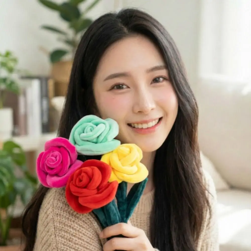 Bouquet di Rose in Peluche da 28cm, Bambola Morbida Realistica, Fiori Simulati, Pianta Cartoon, Fiori Colorati
