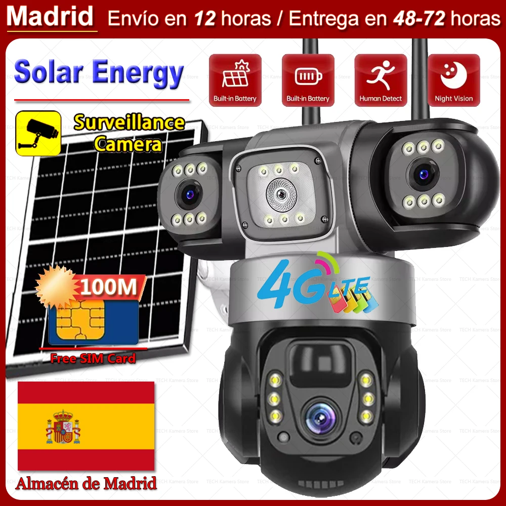 Cámaras Solares 4G, Cámara CCTV Inalámbrica IP, Protección de Seguridad Inteligente para el Hogar, Monitor de 3 Lentes, Videovigilancia Remota PTZ