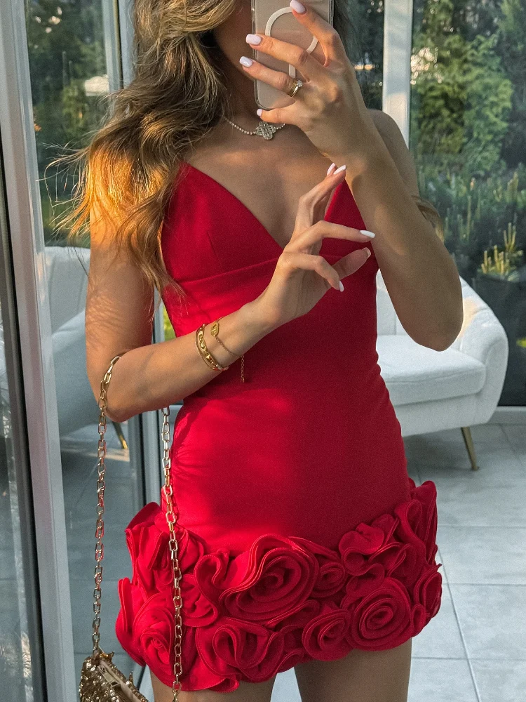 Rouge 3d fleur épissage fronde Robes courtes femmes élégant col en V sans manches taille haute Mini robe été nouvelle fête dame Robes