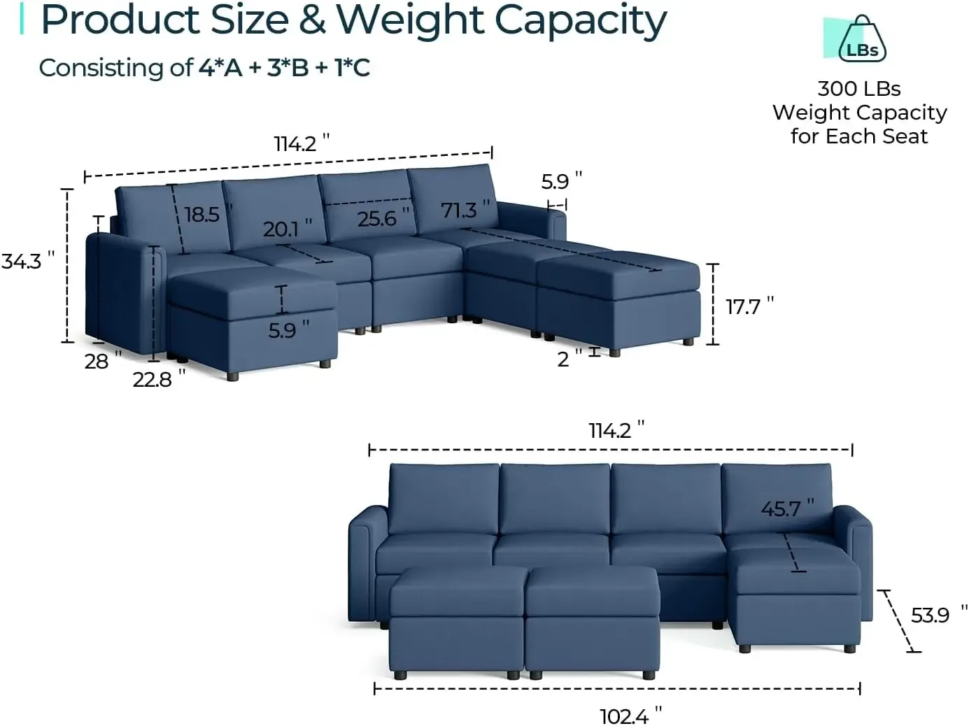 Modular Sectional Sofa, Convertible U Shaped Sofa Couch with Storage, Memory Foam, Modular Sectionals with Ottomans,