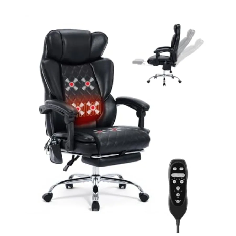 Office chair with foot rest, steel frame and PU leather, black, 6-point vibration and heat for home office use
