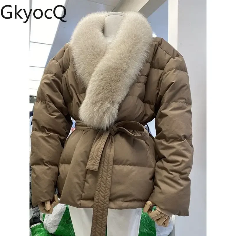

GkyocQ корейская мода Dongdaemun 2023 осенние пуховики меховой воротник Талия похудение на шнуровке простая зимняя женская одежда парки