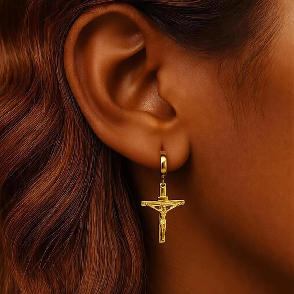 Pendientes de cruz de Jesús de acero inoxidable para mujeres y hombres, color dorado, pendientes de crucifijo de ángeles de Caravaca, joyería de rapero, regalo de Hip Hop