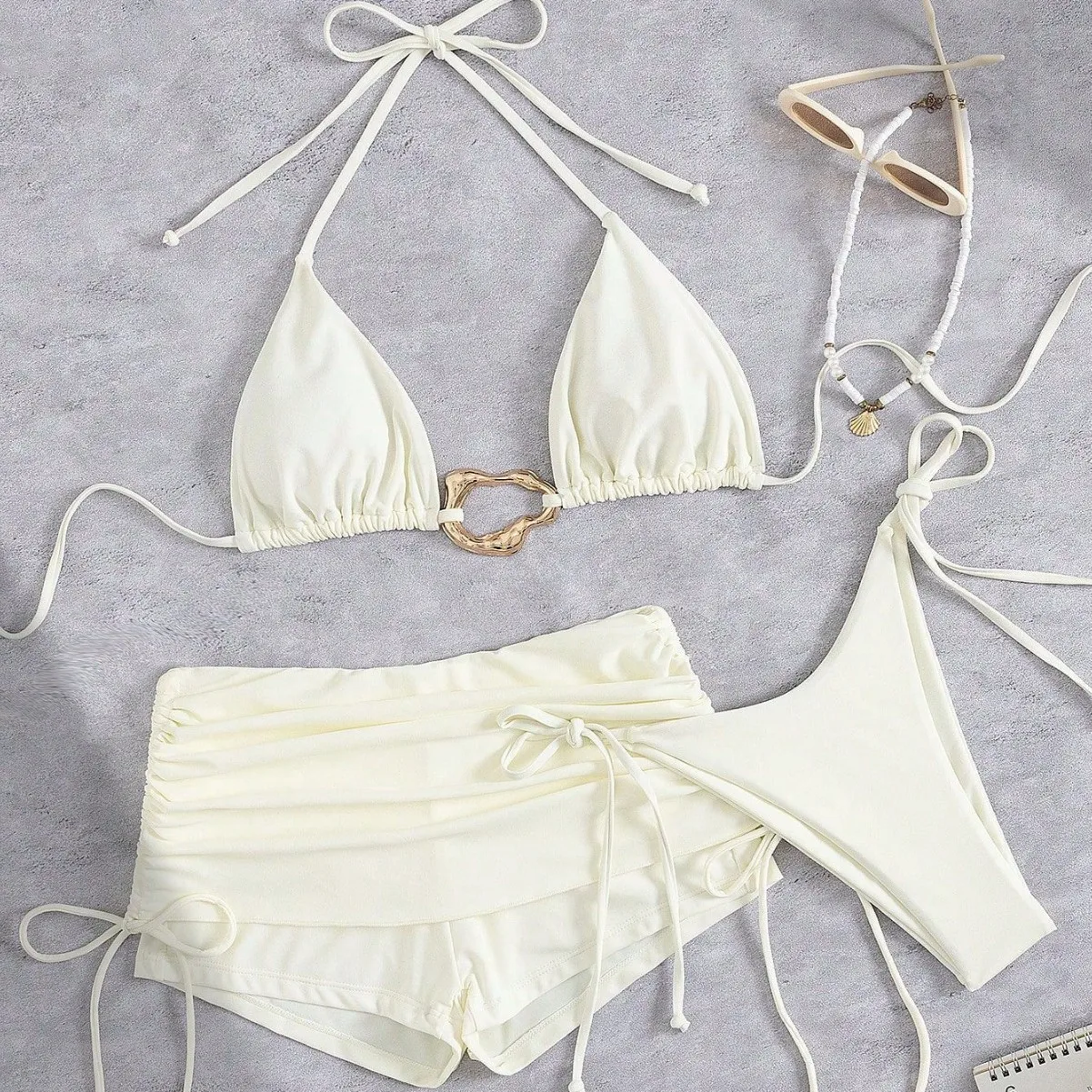 

Summer Tube Top Bikini Triangle Top Solid Color Bikinis Halter Neck Tie Side Swimsuit Ruched Waist Metal Ring Two Piece Swimsuit