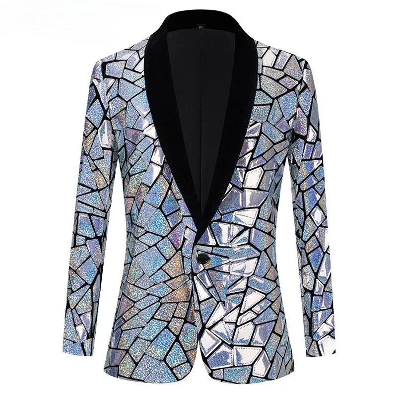 

Luxury Laser Sequin Tuxedo Blazer Jacket Men One Button Shawl Lapel Dress Suit Male Party Stage Prom Singer Costume Homme