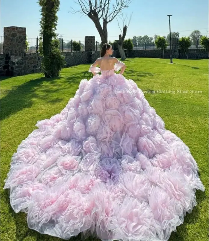 Rüya gibi Pembe Abiye Quinceanera Elbise Narin Kılıf Korse Dantel Çiçek Aplike Katedrali Tren 15 yıl quinceañera Özel