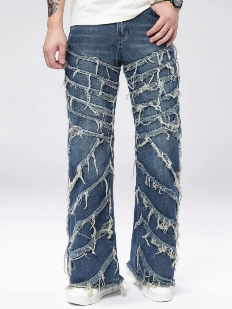 Men's Casual Style Biker Jeans Stylish Splicing Loose Straight Denim Pants American Retro HipHop Street Male Fringe Trousers