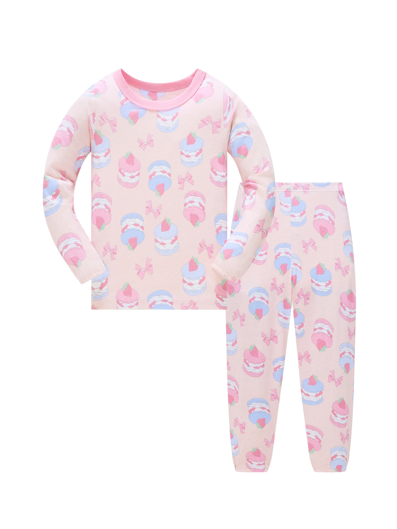 Girls' pure cotton pajamas, spring and autumn thin style, for baby girls aged 1-8 years, long-sleeved and long-pants set, full-print pink cake pattern, sweet home wear